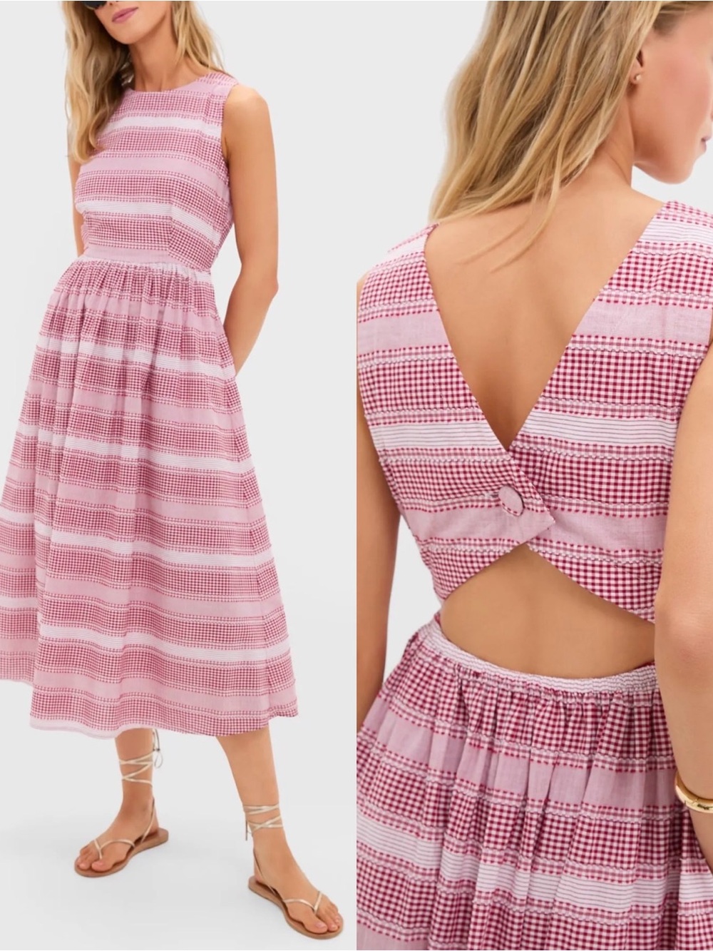 Tuckernuck White and Red Stripe Gingham Poppy Maxi Dress Retro Open Back Size XL